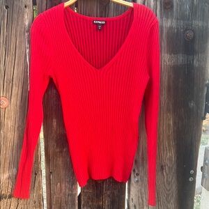 Express Red Ribbed V-Neck Sweater